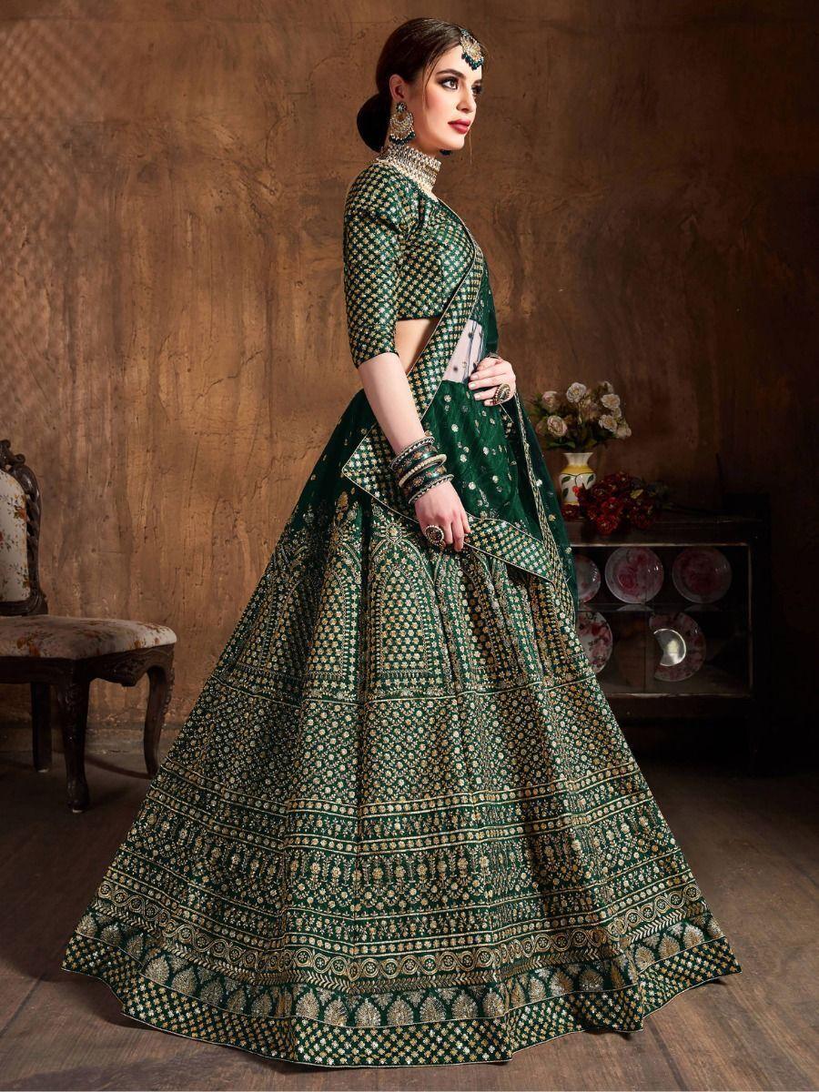 Magnetic Green Raw Silk Lehenga Choli | Intricate Sequin & Dori Work Bridal Set