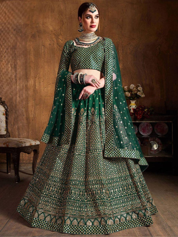 Magnetic Green Raw Silk Lehenga Choli | Intricate Sequin & Dori Work Bridal Set