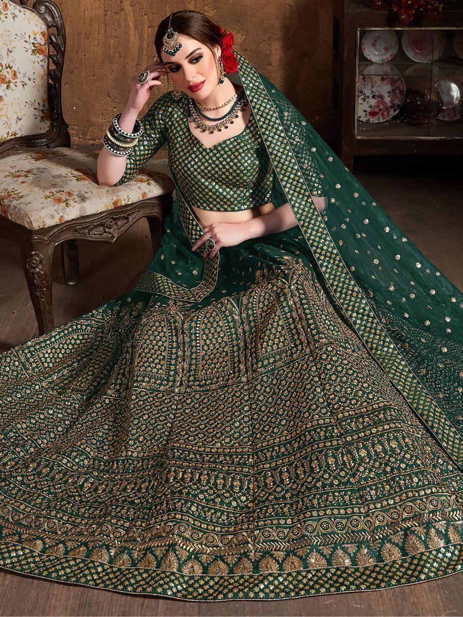 Magnetic Green Raw Silk Lehenga Choli | Intricate Sequin & Dori Work Bridal Set