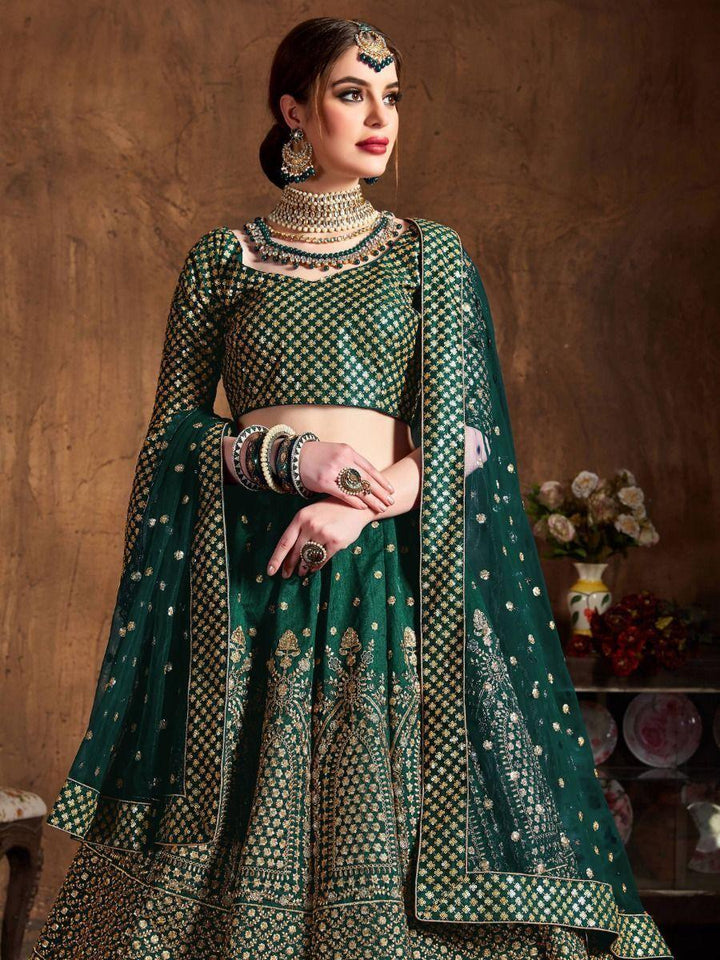 Magnetic Green Raw Silk Lehenga Choli | Intricate Sequin & Dori Work Bridal Set