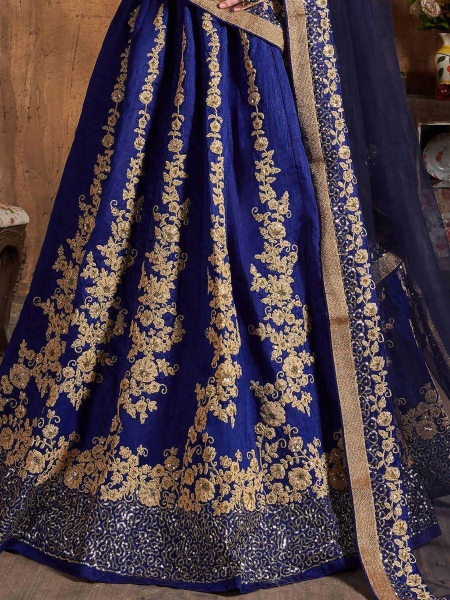 Intricate Navy Blue Raw Silk Lehenga Choli | Wedding Wear with Dupatta