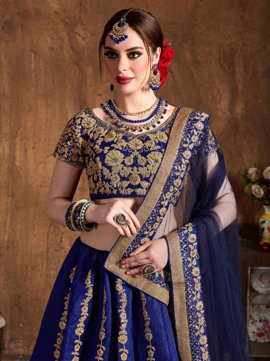 Intricate Navy Blue Raw Silk Lehenga Choli | Wedding Wear with Dupatta