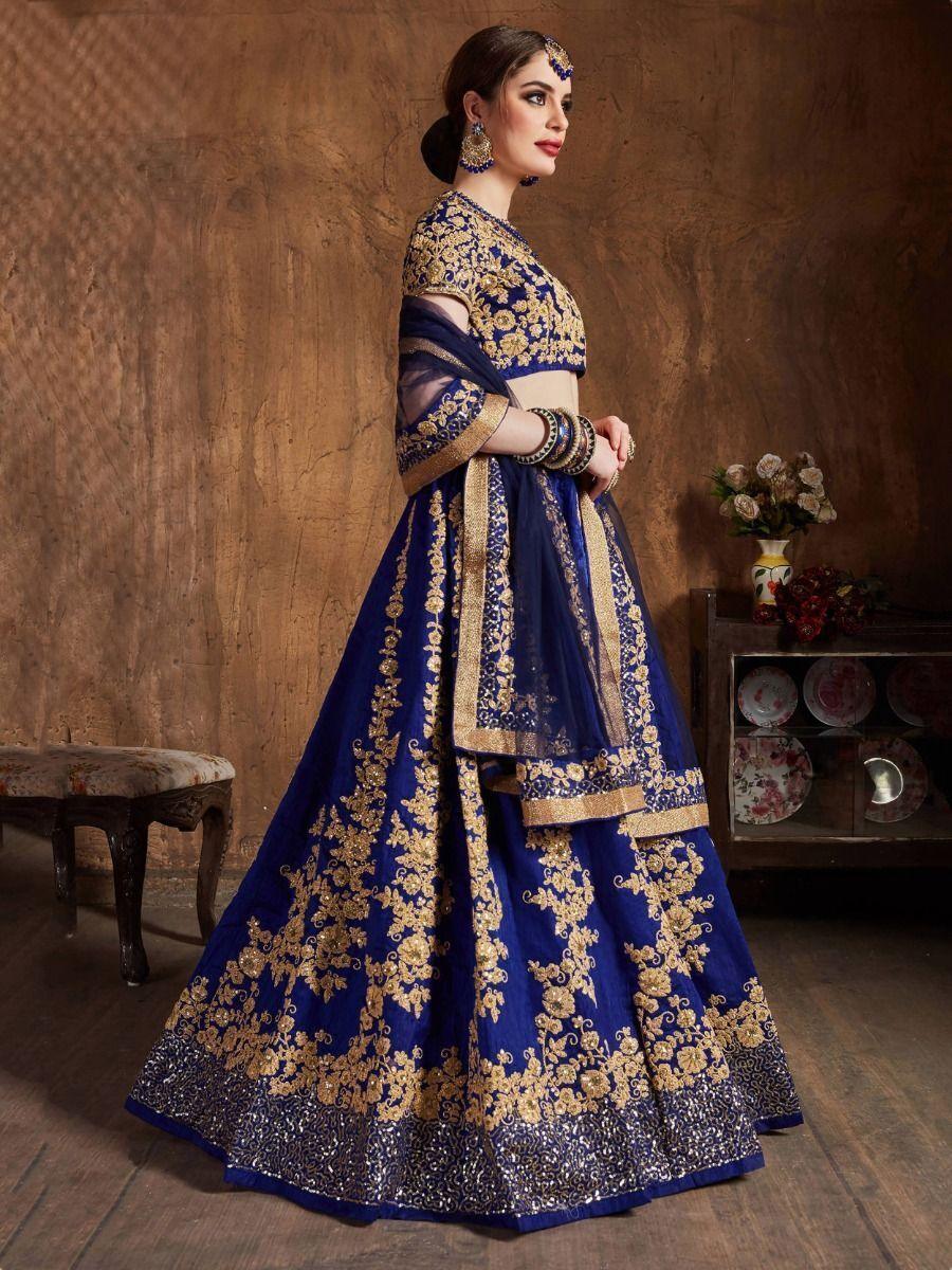 Intricate Navy Blue Raw Silk Lehenga Choli | Wedding Wear with Dupatta