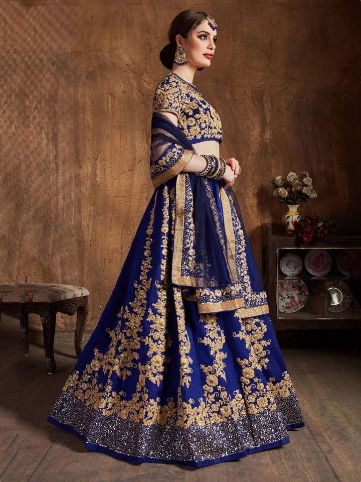 Intricate Navy Blue Raw Silk Lehenga Choli | Wedding Wear with Dupatta