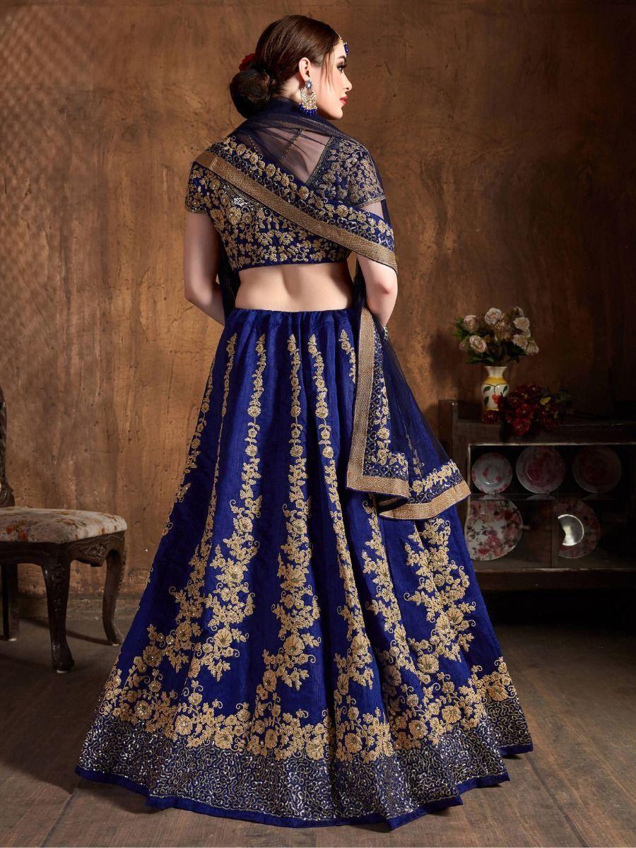 Intricate Navy Blue Raw Silk Lehenga Choli | Wedding Wear with Dupatta