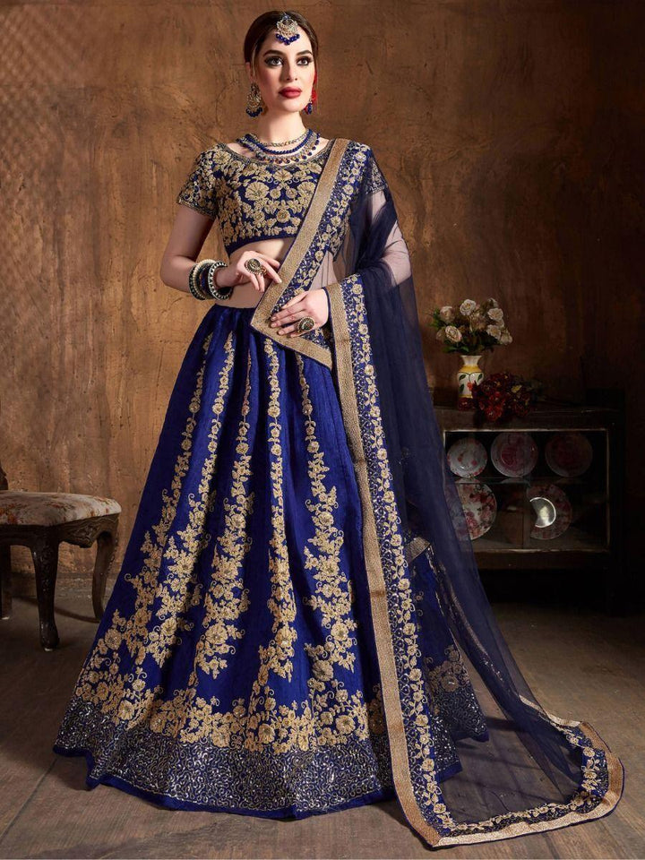 Intricate Navy Blue Raw Silk Lehenga Choli | Wedding Wear with Dupatta