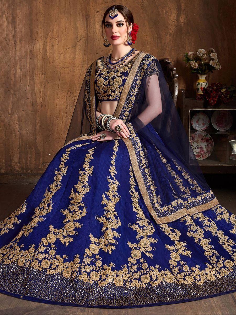 Intricate Navy Blue Raw Silk Lehenga Choli | Wedding Wear with Dupatta