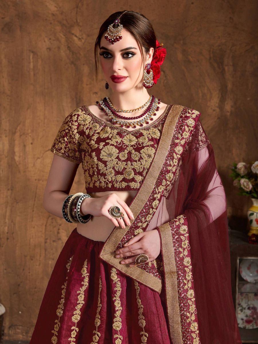 Traditional Maroon Lehenga Set | Semi-Stitched Raw Silk Bridal Outfit