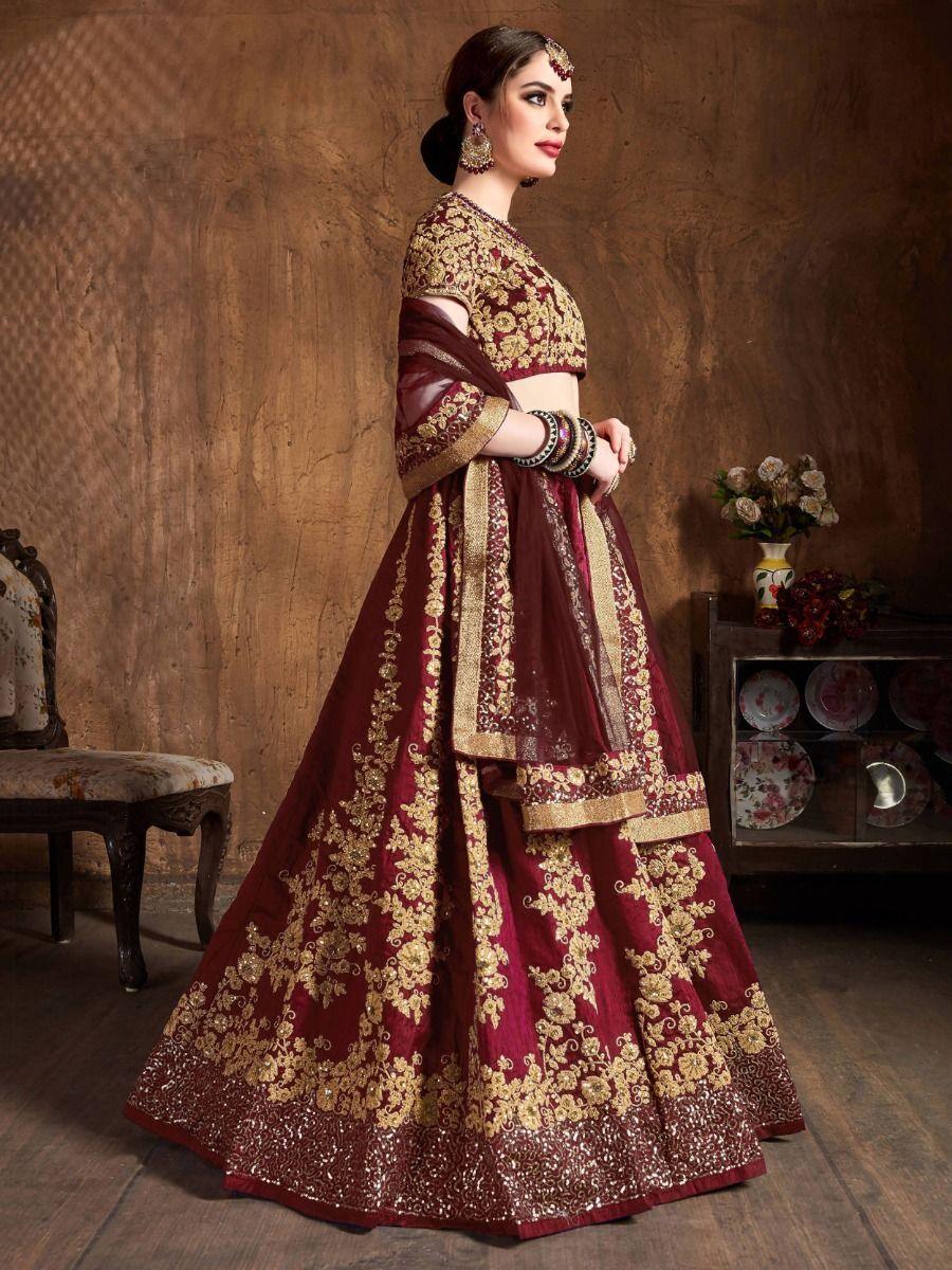 Traditional Maroon Lehenga Set | Semi-Stitched Raw Silk Bridal Outfit