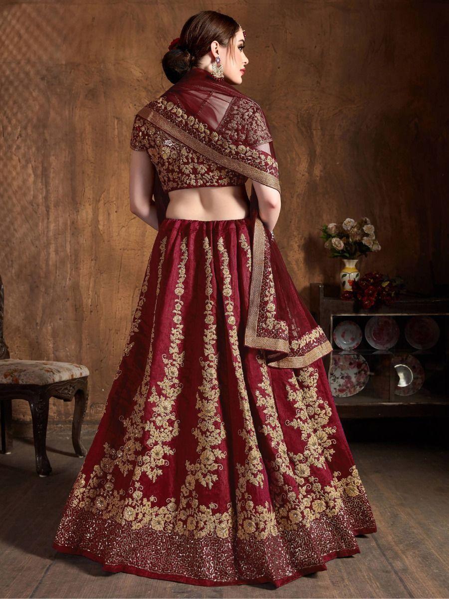 Traditional Maroon Lehenga Set | Semi-Stitched Raw Silk Bridal Outfit