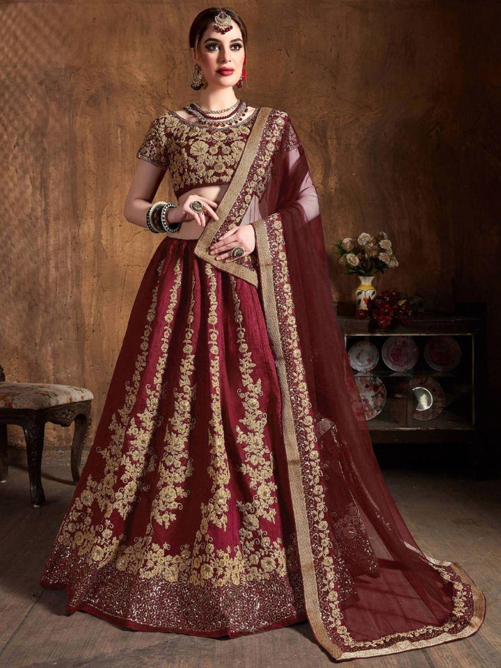 Traditional Maroon Lehenga Set | Semi-Stitched Raw Silk Bridal Outfit