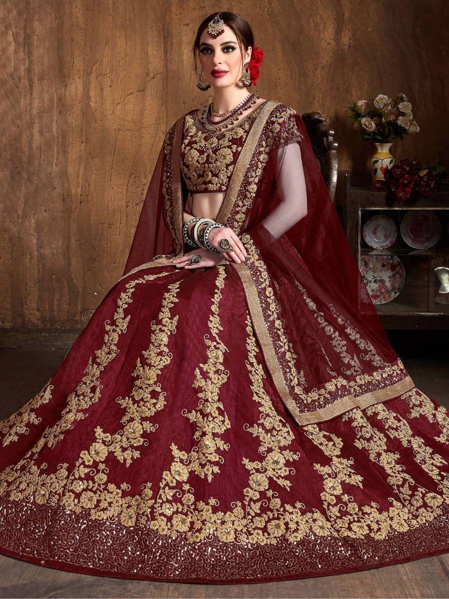 Traditional Maroon Lehenga Set | Semi-Stitched Raw Silk Bridal Outfit