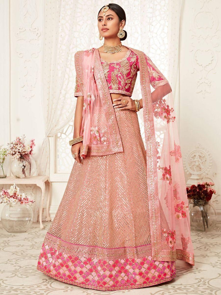 Luxurious Pink Soft Net Bridal Lehenga Choli | Embroidered & Semi-Stitched Fit