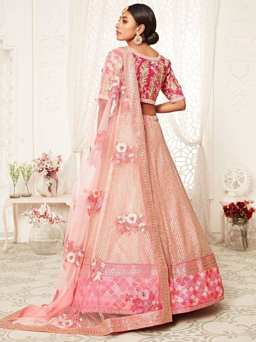 Luxurious Pink Soft Net Bridal Lehenga Choli | Embroidered & Semi-Stitched Fit