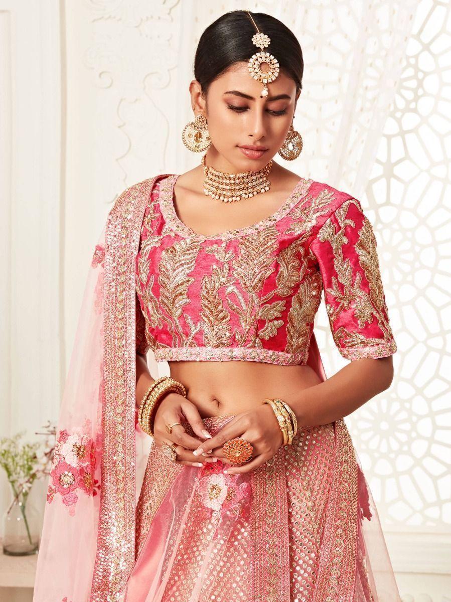 Luxurious Pink Soft Net Bridal Lehenga Choli | Embroidered & Semi-Stitched Fit