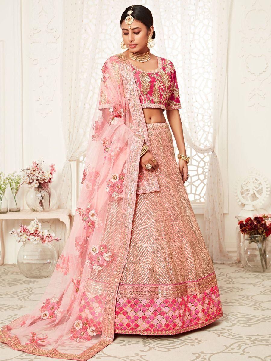 Luxurious Pink Soft Net Bridal Lehenga Choli | Embroidered & Semi-Stitched Fit