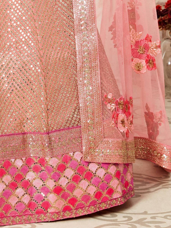 Luxurious Pink Soft Net Bridal Lehenga Choli | Embroidered & Semi-Stitched Fit