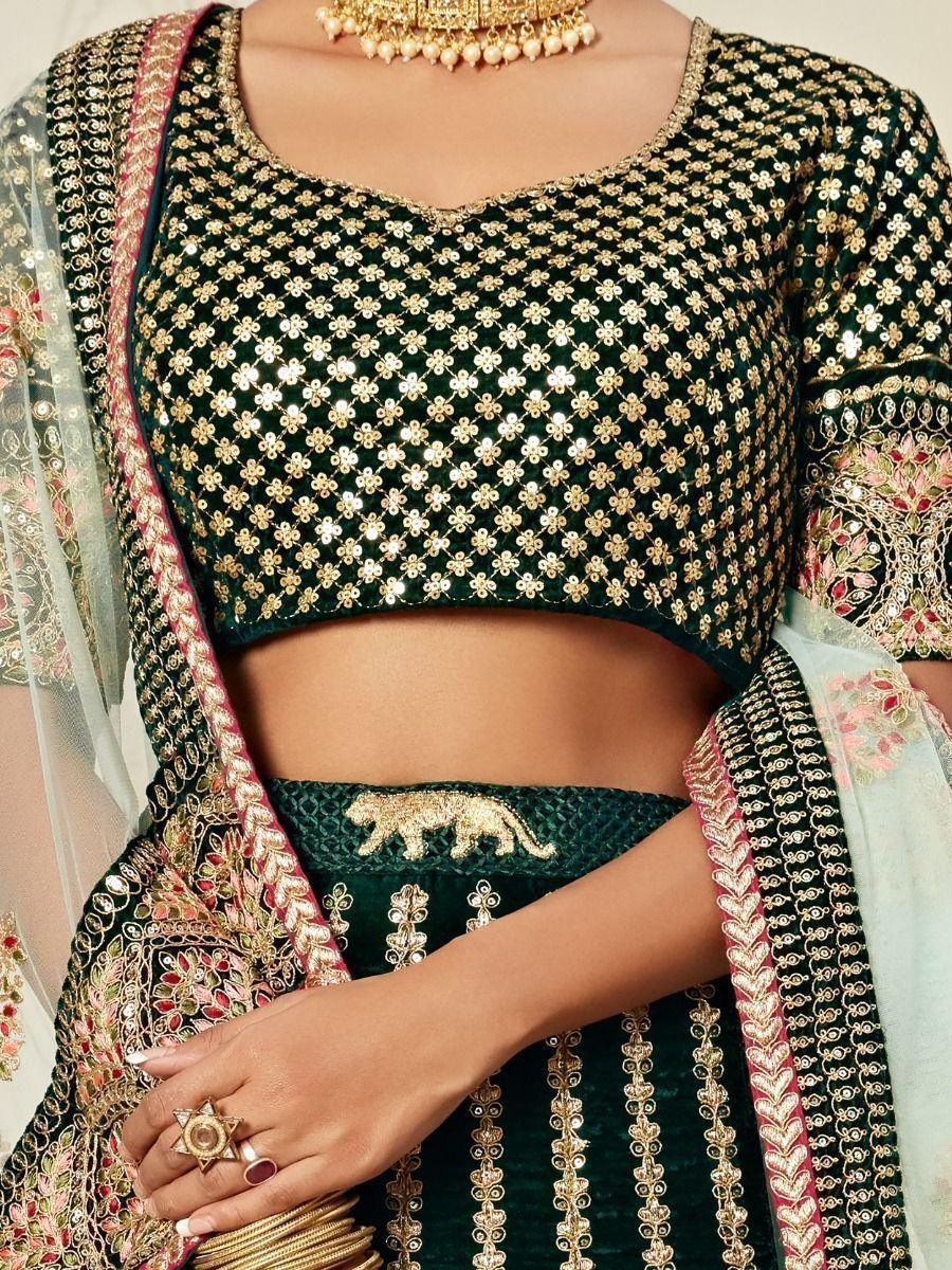 Impressive Green Velvet Wedding Lehenga Choli | Intricate Embroidery & Sequins