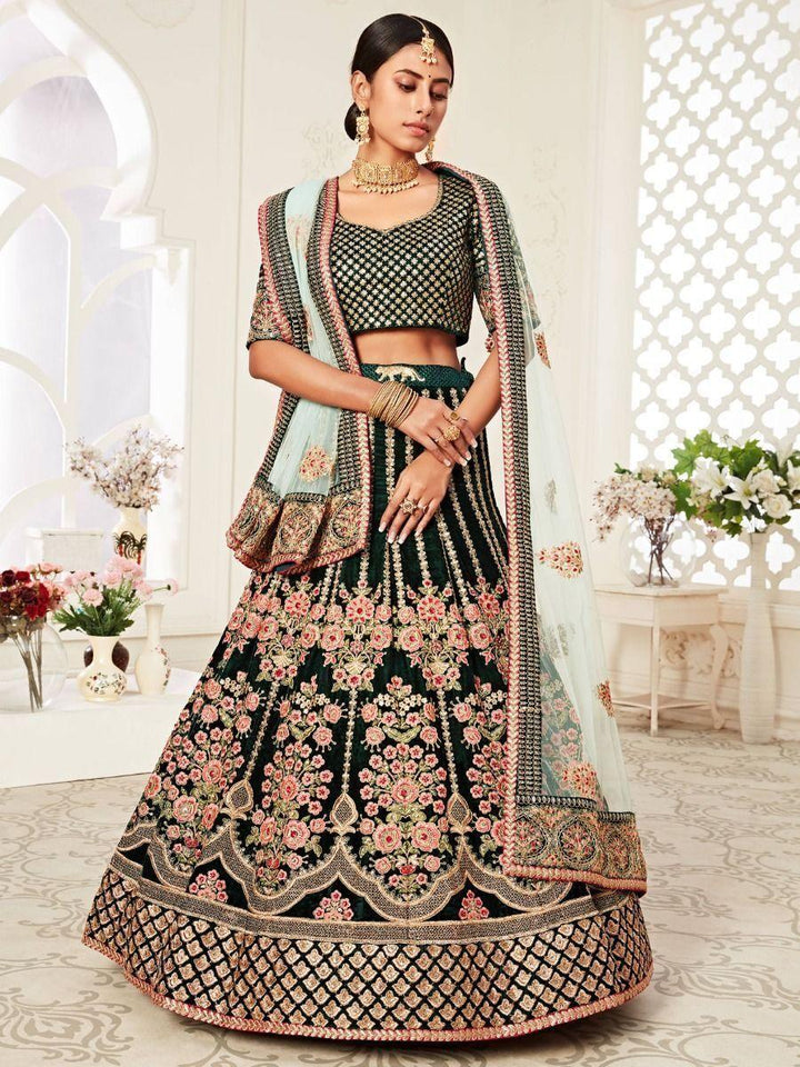 Impressive Green Velvet Wedding Lehenga Choli | Intricate Embroidery & Sequins