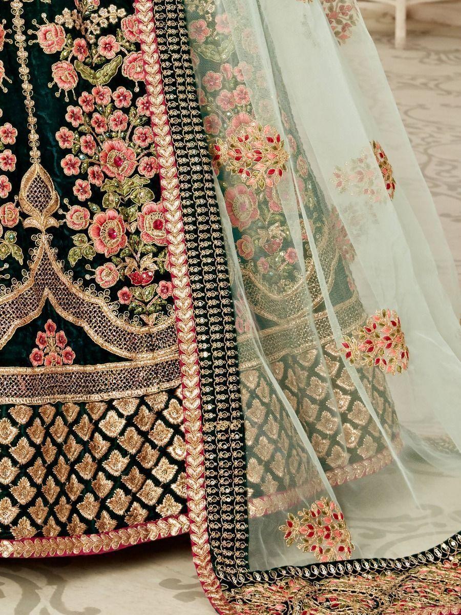 Impressive Green Velvet Wedding Lehenga Choli | Intricate Embroidery & Sequins