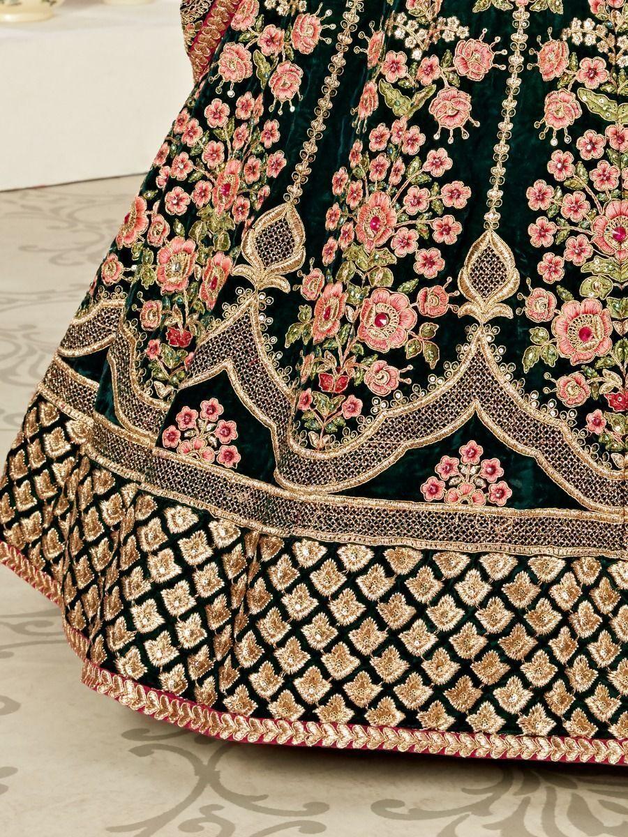 Impressive Green Velvet Wedding Lehenga Choli | Intricate Embroidery & Sequins