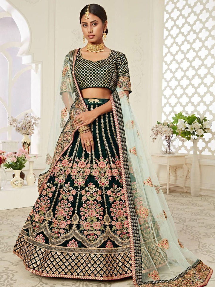 Impressive Green Velvet Wedding Lehenga Choli | Intricate Embroidery & Sequins