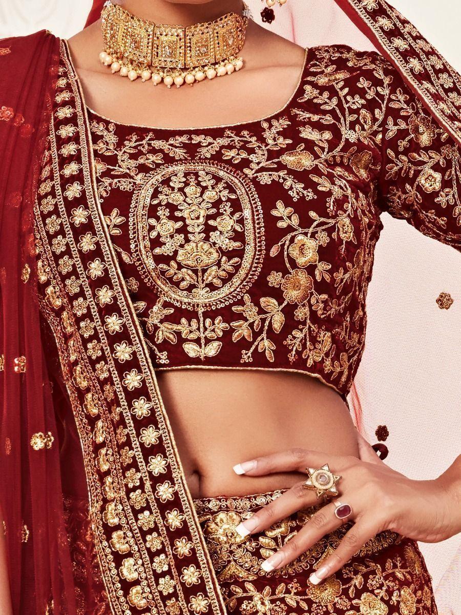 Captivating Red Velvet Bridal Lehenga | Custom Fit with Embroidered Borderwork