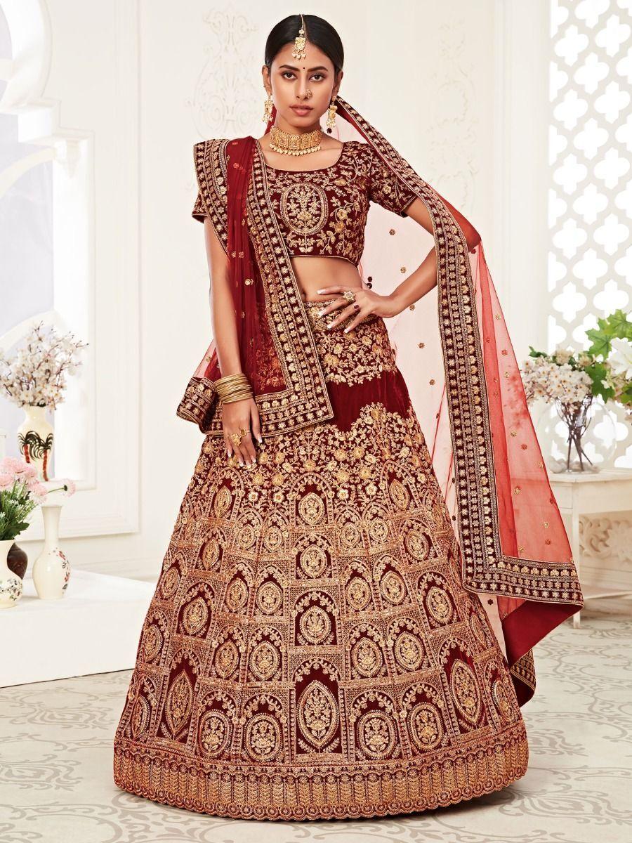 Captivating Red Velvet Bridal Lehenga | Custom Fit with Embroidered Borderwork