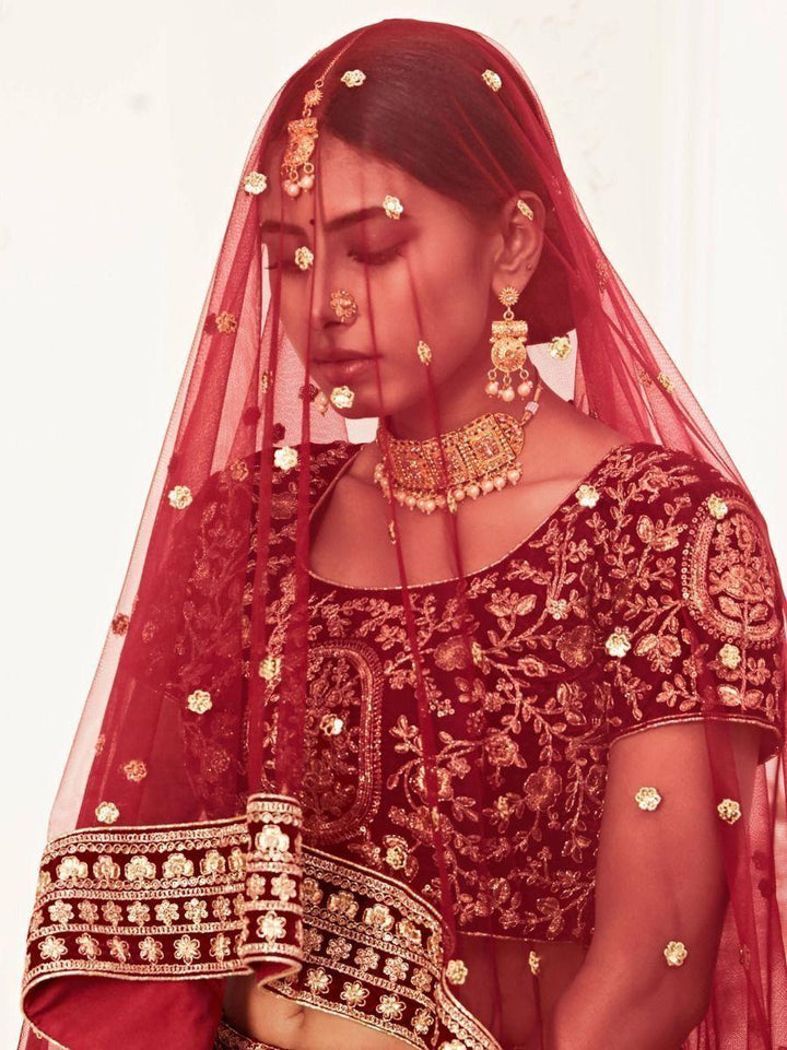 Captivating Red Velvet Bridal Lehenga | Custom Fit with Embroidered Borderwork