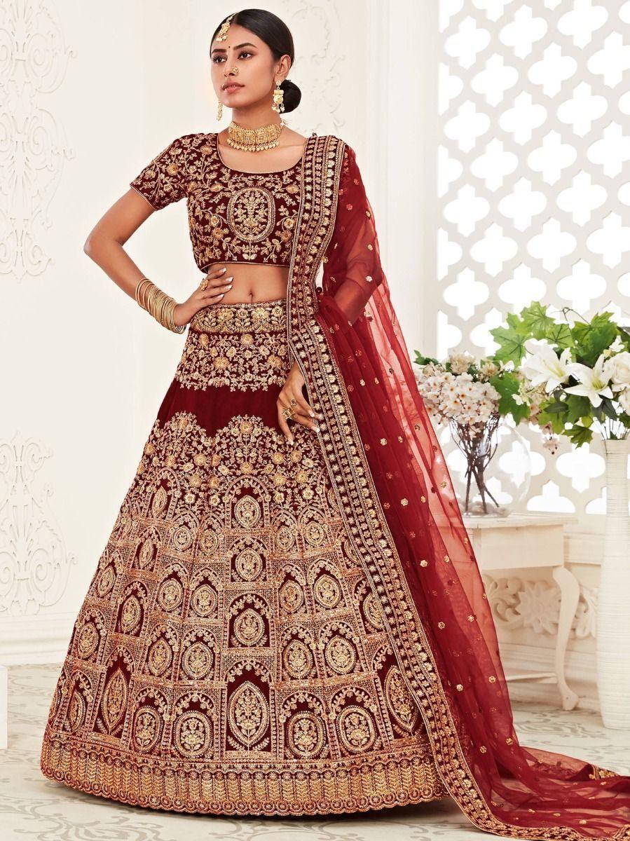 Captivating Red Velvet Bridal Lehenga | Custom Fit with Embroidered Borderwork