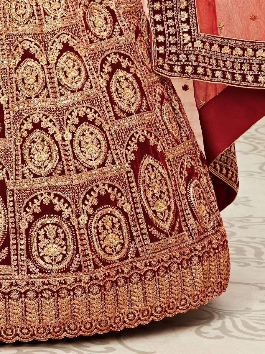 Captivating Red Velvet Bridal Lehenga | Custom Fit with Embroidered Borderwork