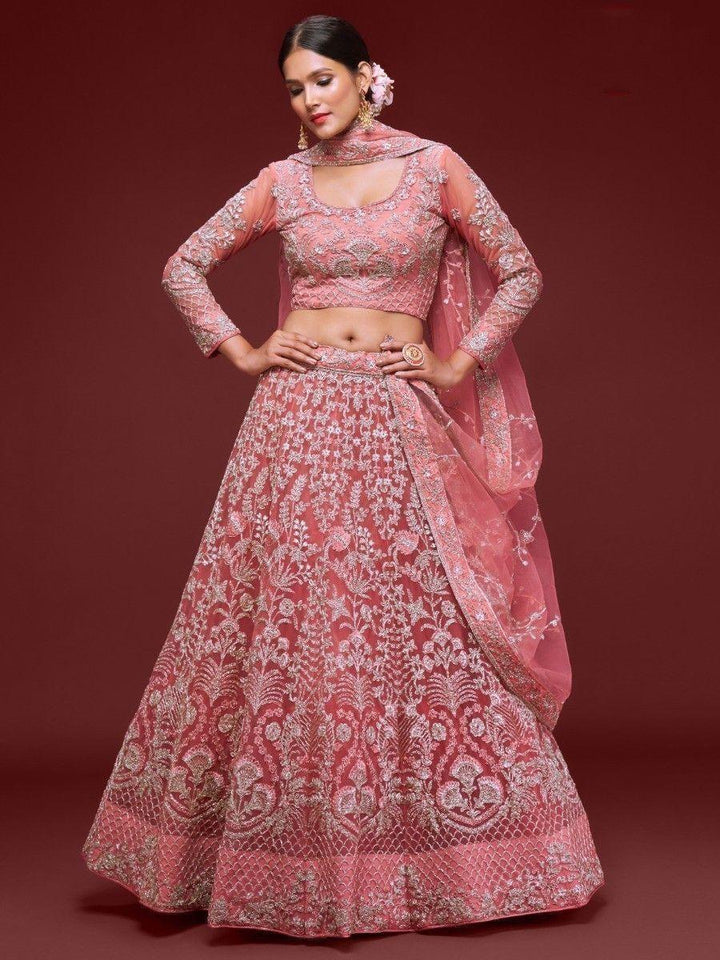 Charming Coral Lehenga | Soft Net with Zari & Glitter Dori Embroidery