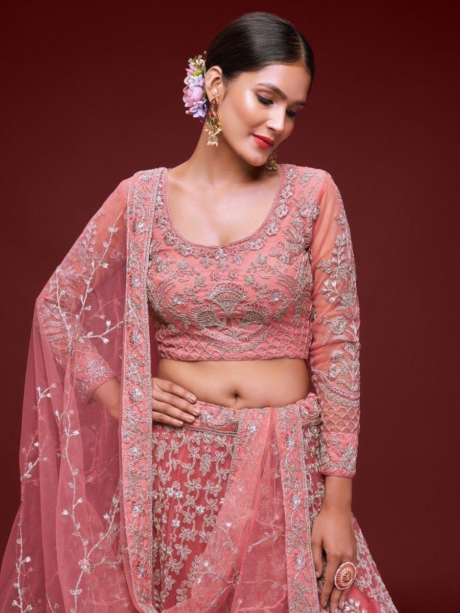 Charming Coral Lehenga | Soft Net with Zari & Glitter Dori Embroidery