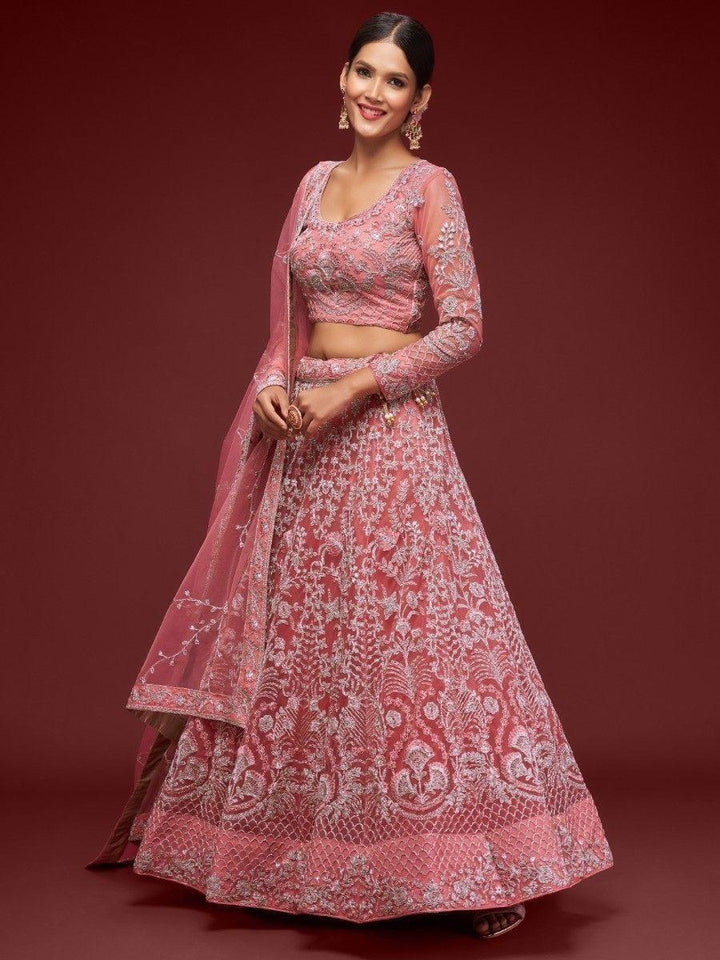 Charming Coral Lehenga | Soft Net with Zari & Glitter Dori Embroidery