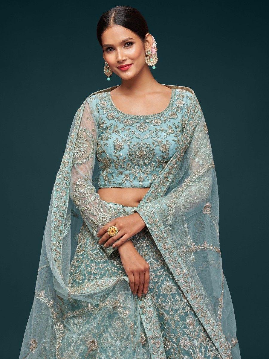 Adorable Sea Blue Lehenga | Soft Net with Zari & Glitter Dori Embroidery