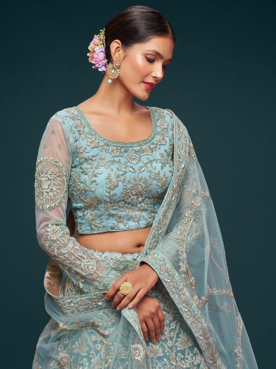 Adorable Sea Blue Lehenga | Soft Net with Zari & Glitter Dori Embroidery