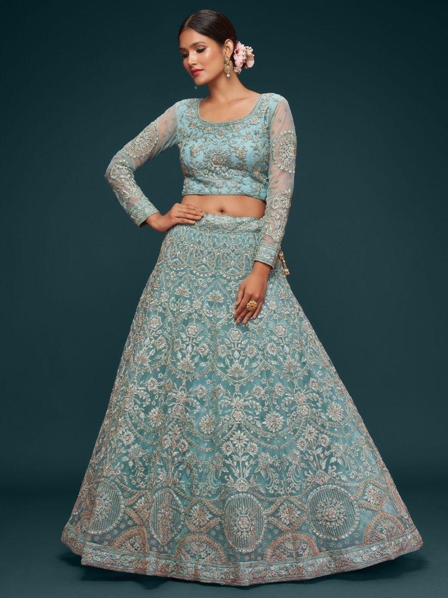 Adorable Sea Blue Lehenga | Soft Net with Zari & Glitter Dori Embroidery