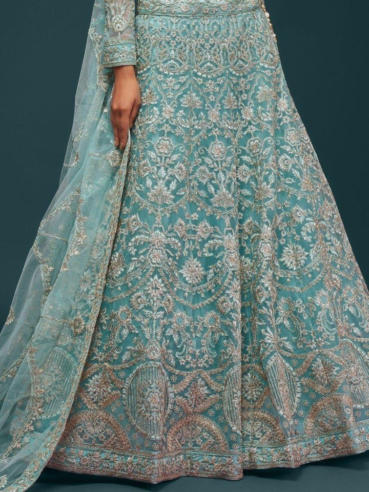 Adorable Sea Blue Lehenga | Soft Net with Zari & Glitter Dori Embroidery