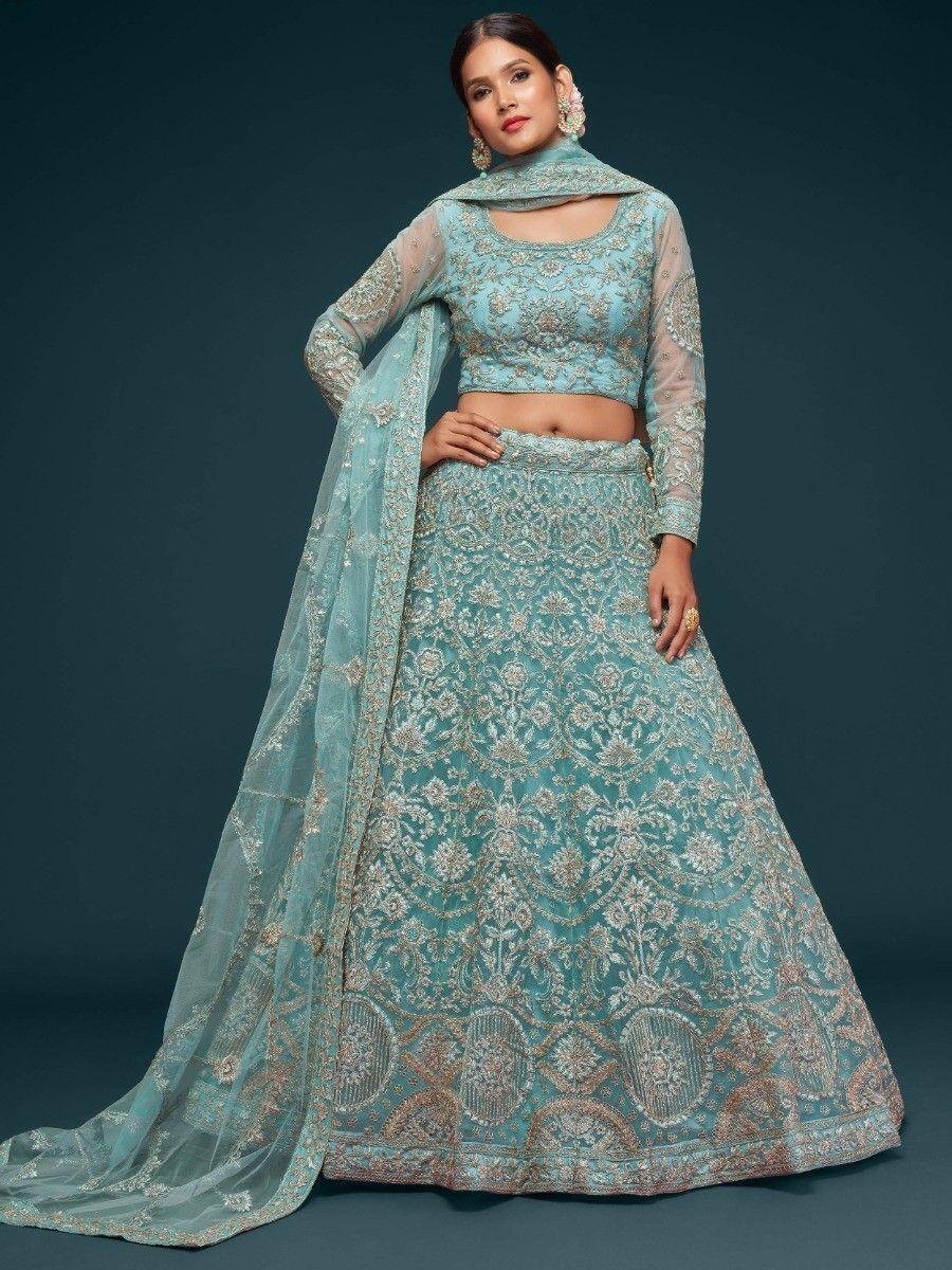 Adorable Sea Blue Lehenga | Soft Net with Zari & Glitter Dori Embroidery