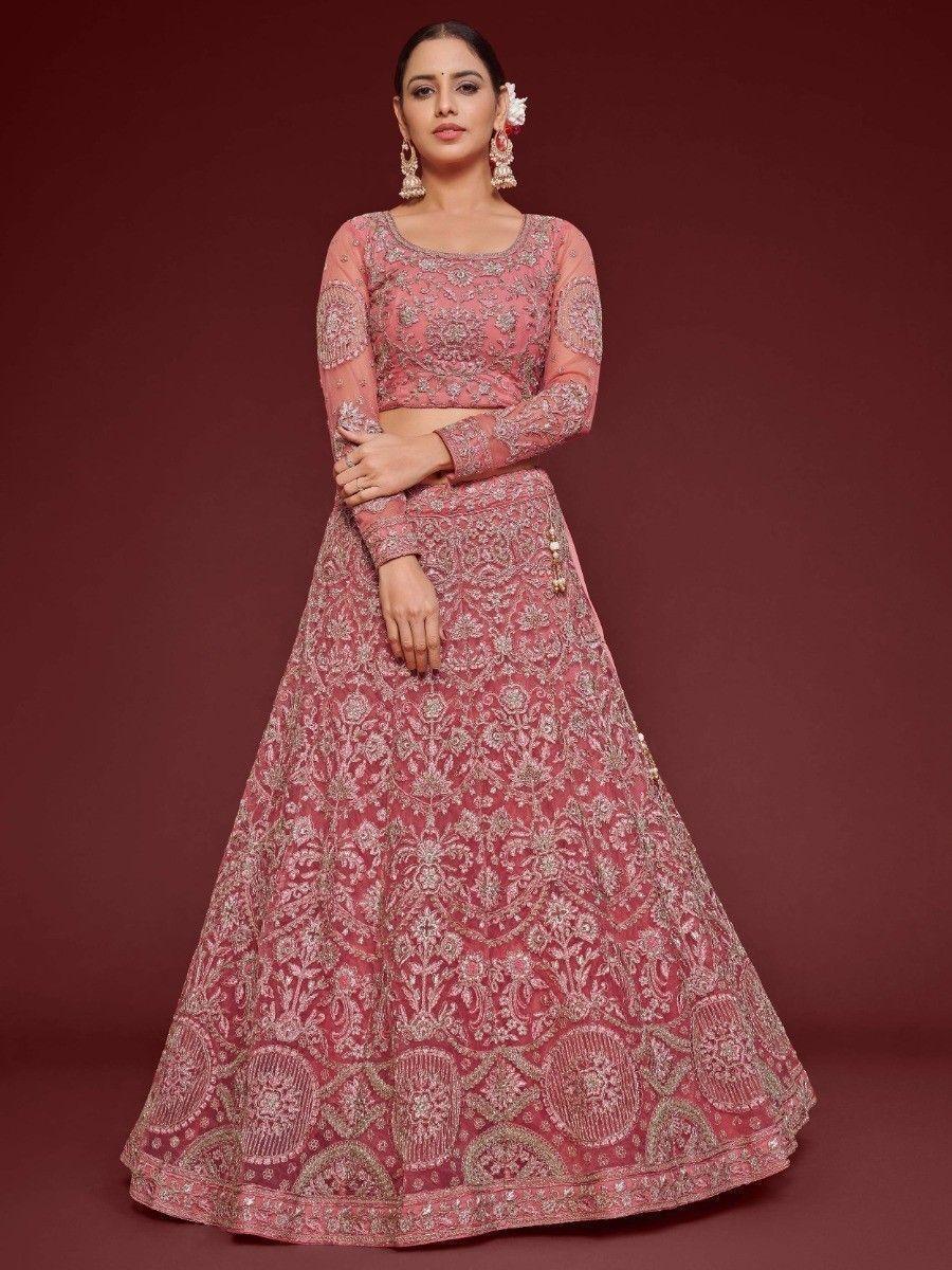 Traditional Rose Pink Lehenga | Semi-Stitched with Unstitched Choli Material