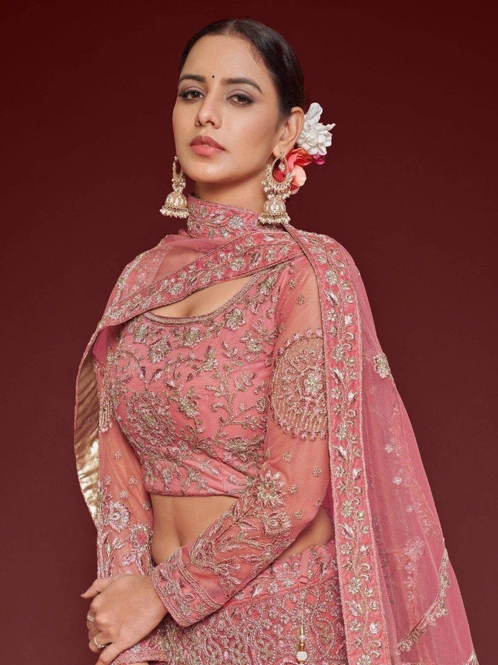 Traditional Rose Pink Lehenga | Semi-Stitched with Unstitched Choli Material