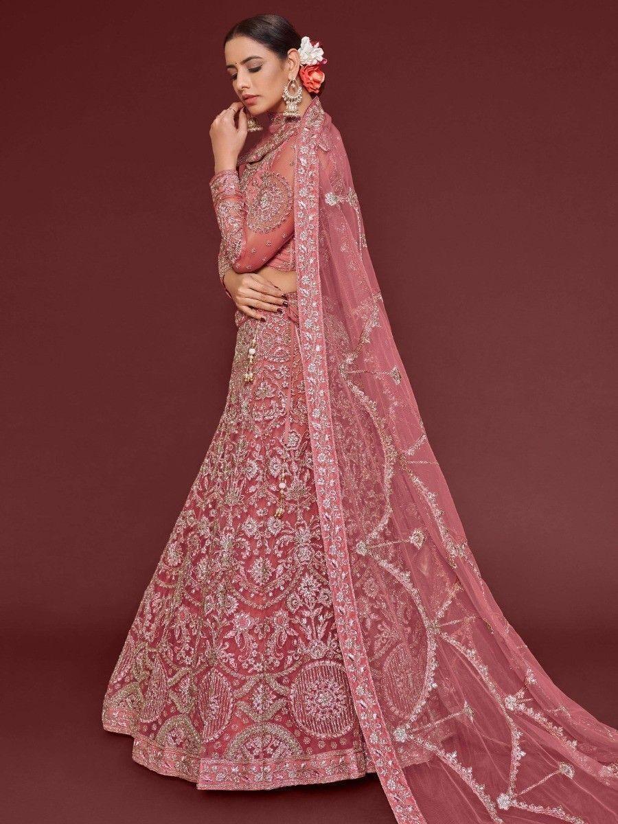 Traditional Rose Pink Lehenga | Semi-Stitched with Unstitched Choli Material