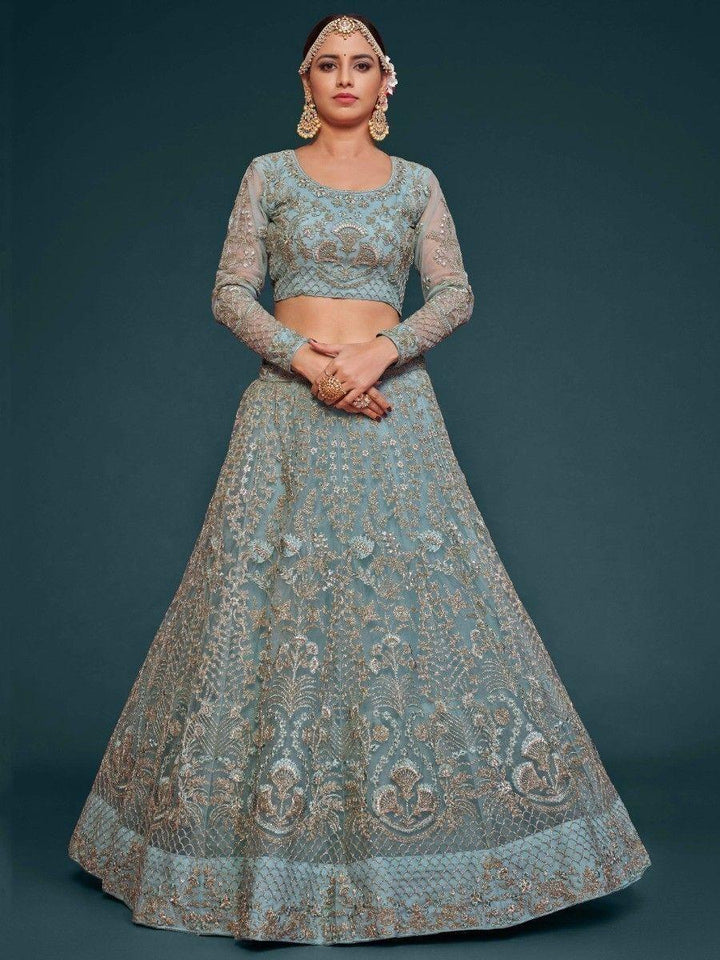 Stylish Aqua Blue Lehenga | Thread, Zari & Glitter Embroidery for Special Occasions