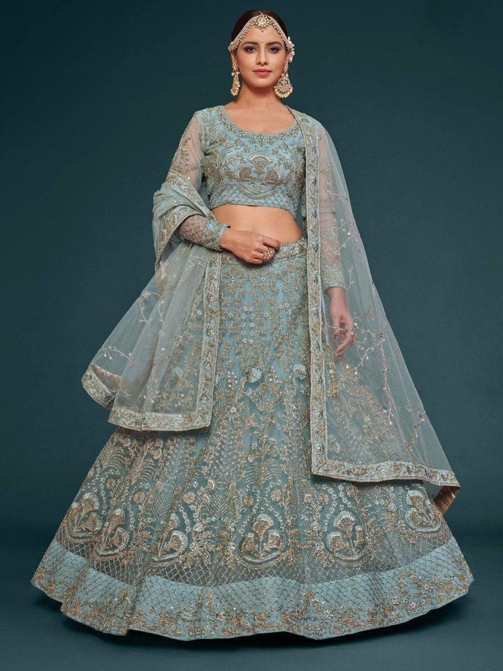 Stylish Aqua Blue Lehenga | Thread, Zari & Glitter Embroidery for Special Occasions