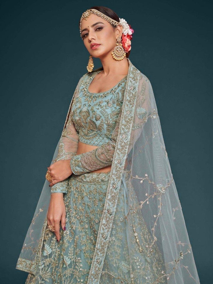 Stylish Aqua Blue Lehenga | Thread, Zari & Glitter Embroidery for Special Occasions