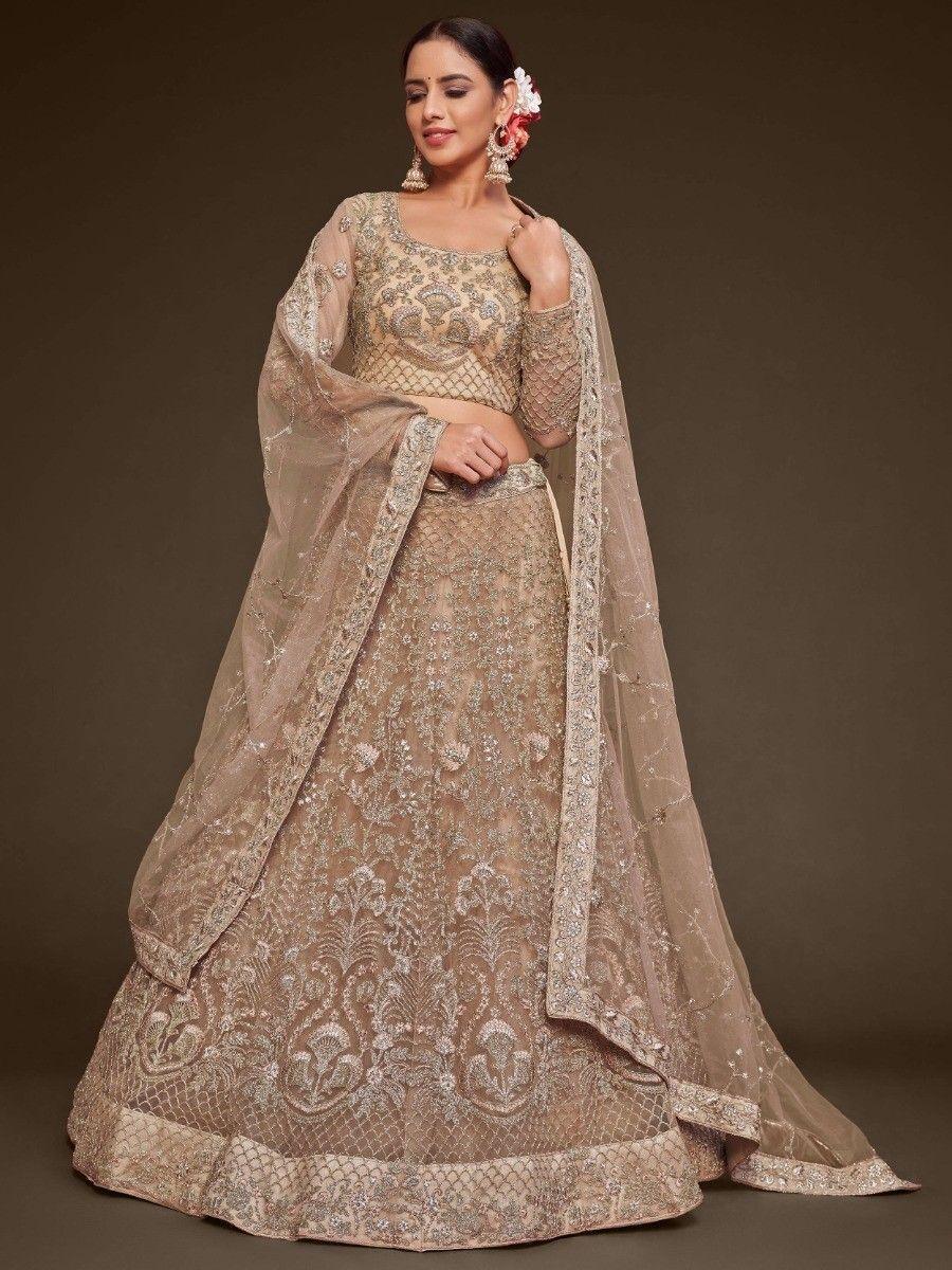 Royal Beige Wedding Lehenga | Semi-Stitched with Embroidered Dupatta