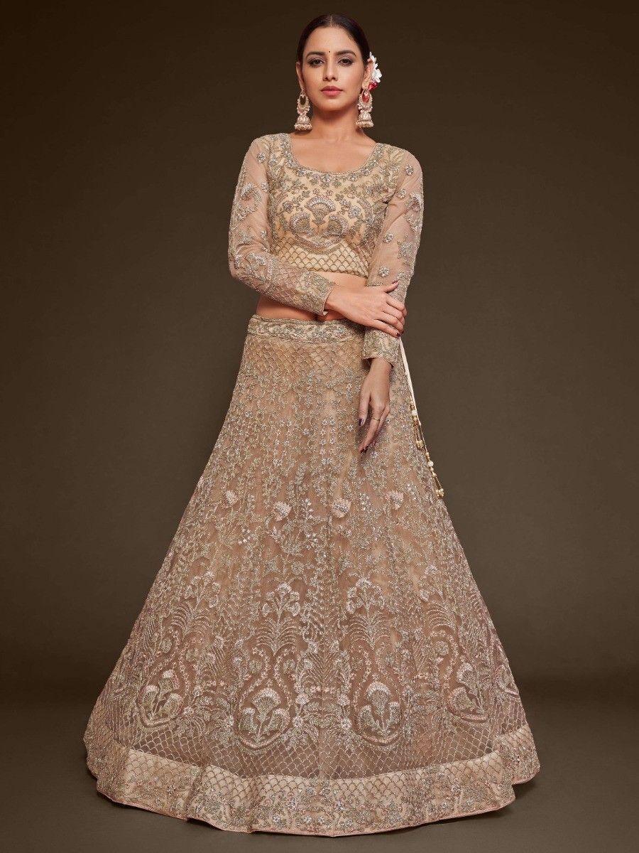 Royal Beige Wedding Lehenga | Semi-Stitched with Embroidered Dupatta