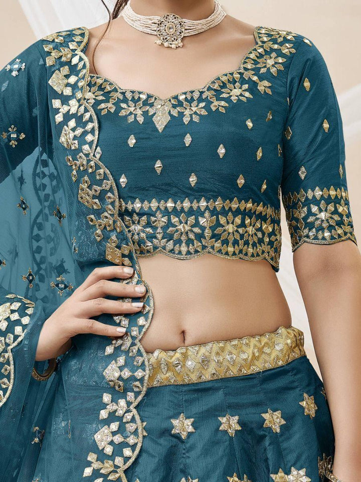 Exquisite Blue Wedding Lehenga | Zari & Paper Mirror Work Details