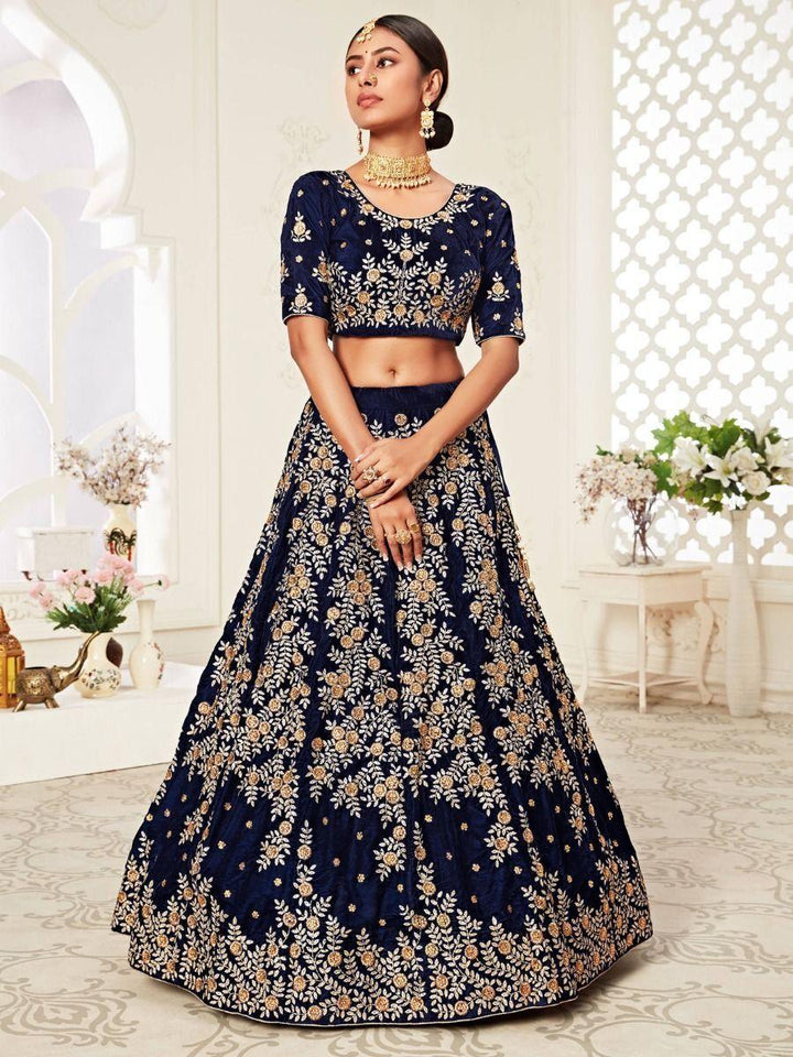 Premium Navy Blue Velvet Wedding Lehenga Choli | Sequin & Zari Detailing