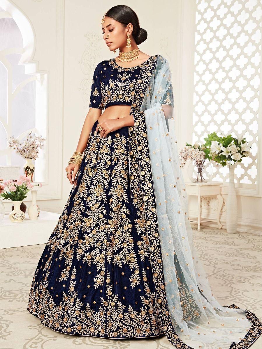 Premium Navy Blue Velvet Wedding Lehenga Choli | Sequin & Zari Detailing